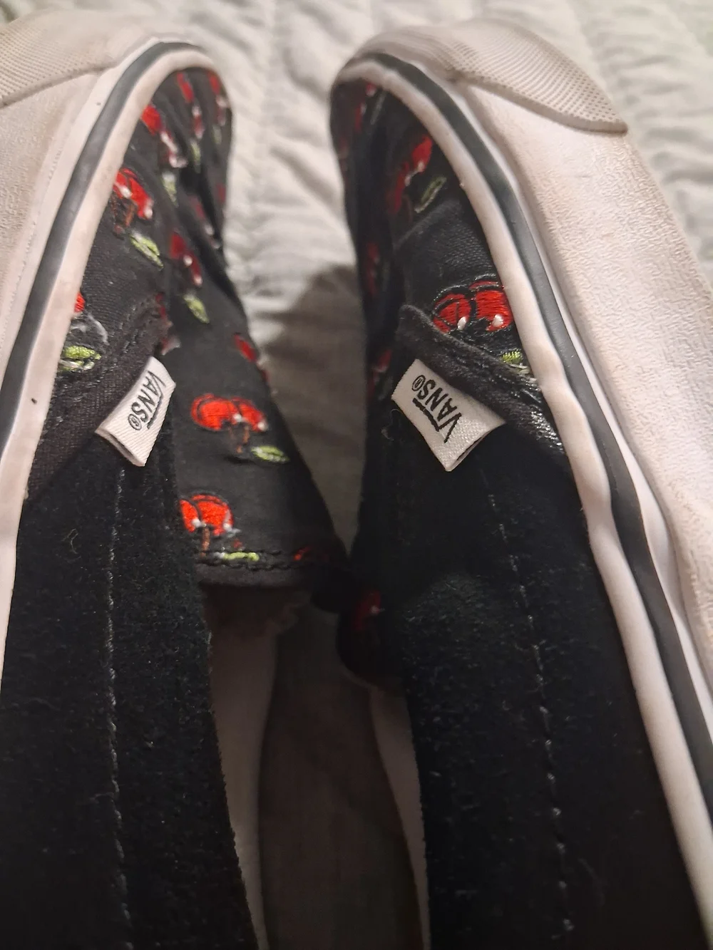 LadiesBlack Slip-On Shoes with Red Cherry Print Vans